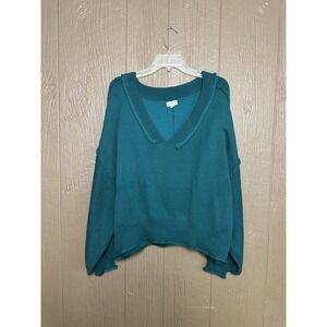 POL Teal Knit‎ Sweater Relaxed Fit V Neck Ribbed Hem Size Large Balloon Sleeve